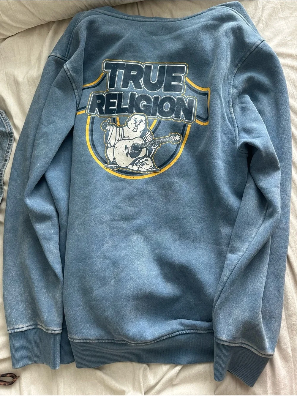 True Religion Faded Blue Graphic Crewneck with Yellow Accents